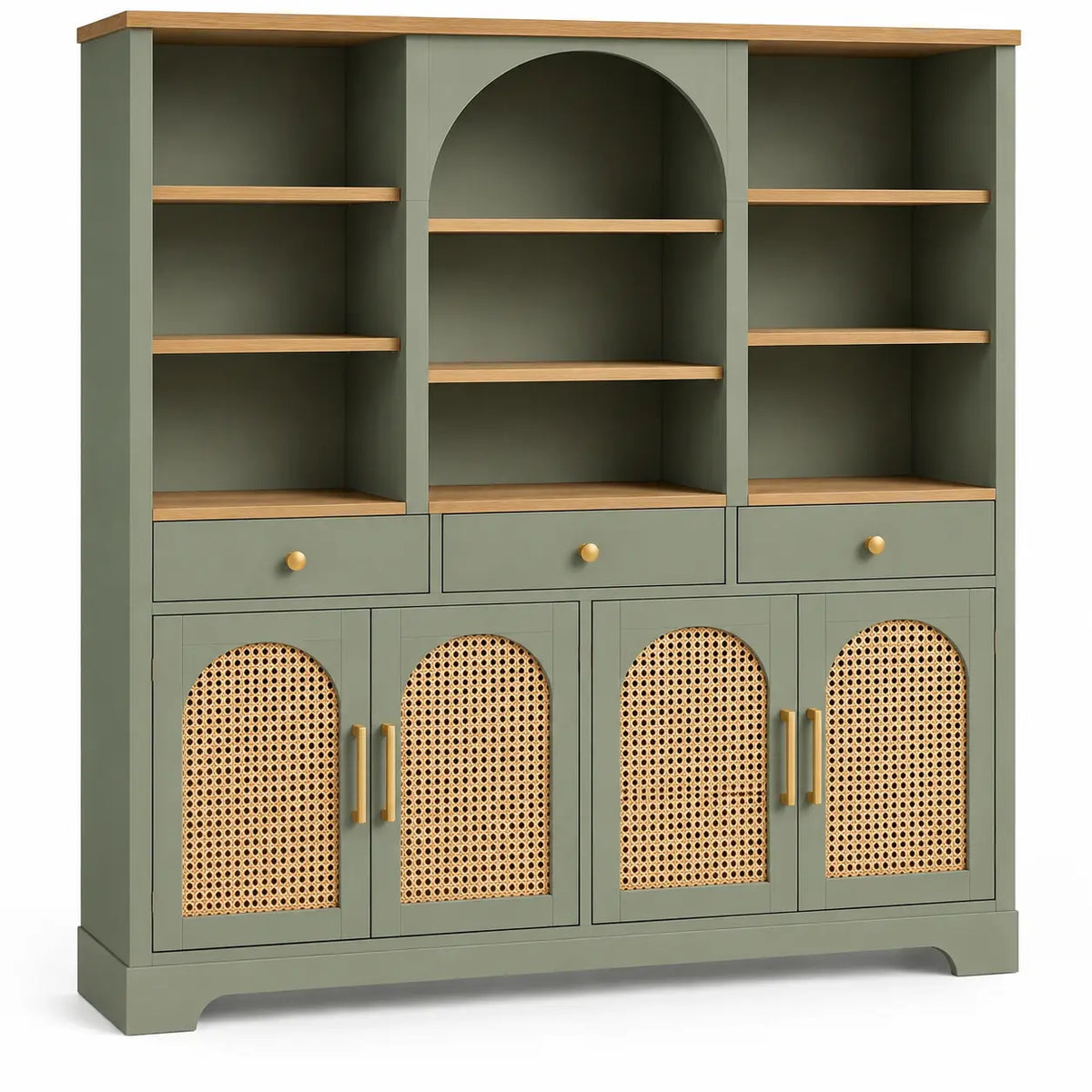 Estantería con almacenamiento con formas arqueadas y detalles de entramado, verde y marrón