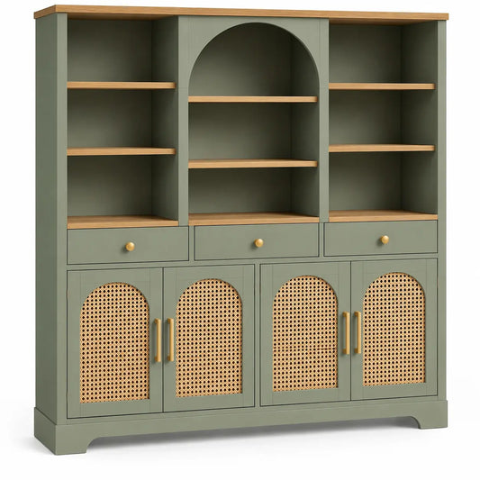 Estantería con almacenamiento con formas arqueadas y detalles de entramado, verde y marrón