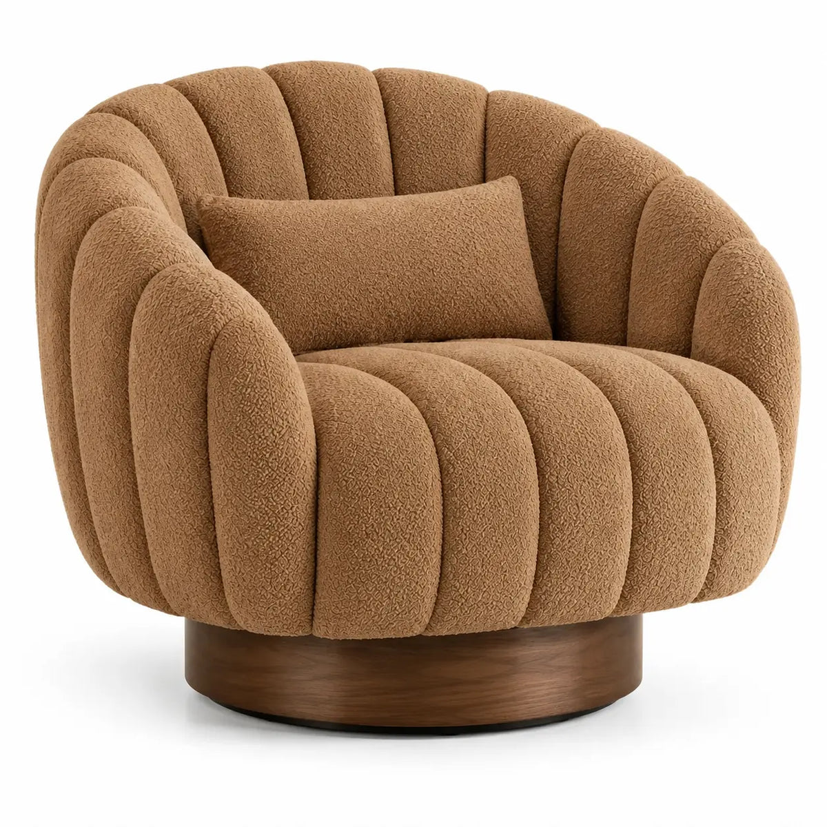 Sillón tapizado de líneas curvas con acolchado acanalado, marrón
