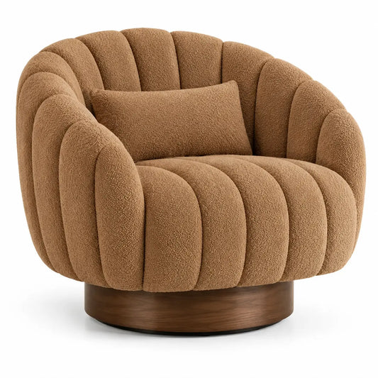 Sillón tapizado de líneas curvas con acolchado acanalado, marrón