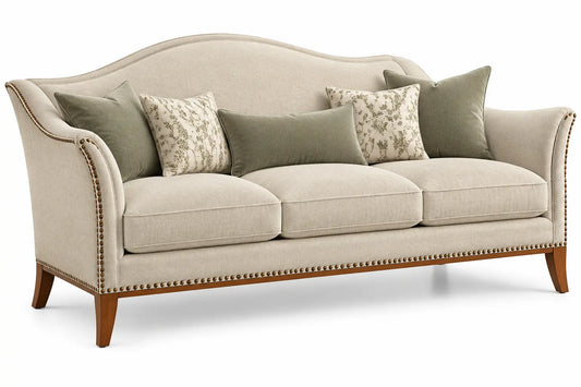 Sofá tapizado de contorno redondeado, beige, verde y marrón