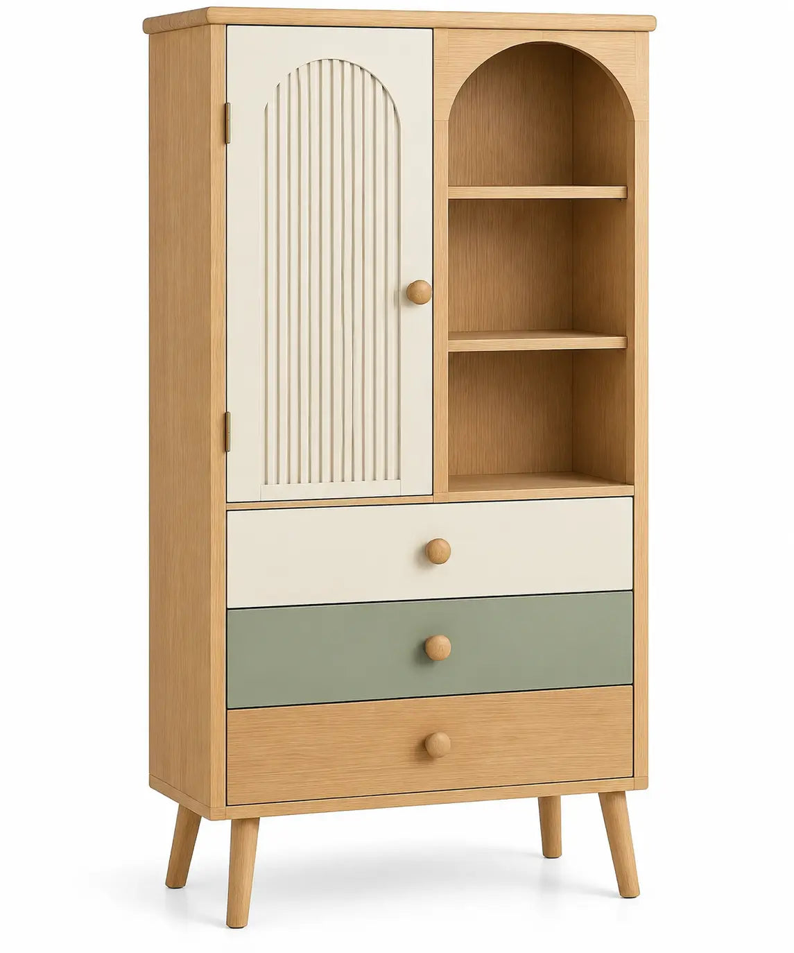 Estantería con almacenamiento con formas arqueadas, blanco, marrón y verde