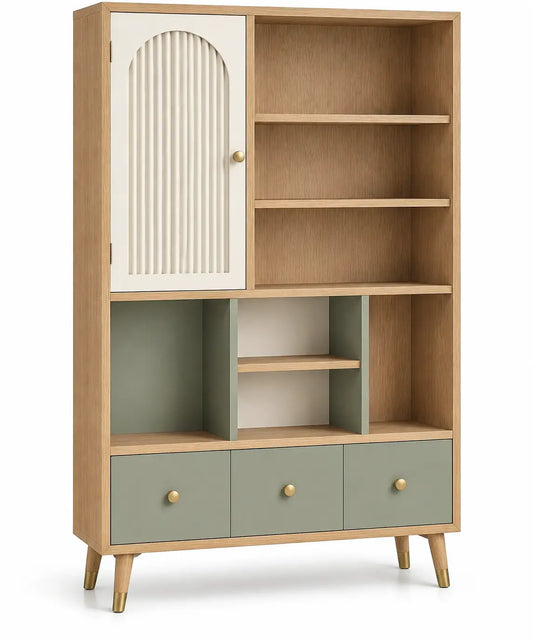 Estantería con almacenamiento con formas arqueadas, marrón, blanco y verde