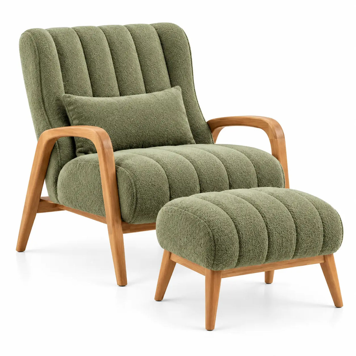 Sillón con reposapiés con acolchado acanalado, verde y marrón
