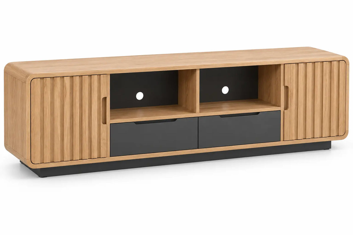Mueble bajo para televisión con detalles de líneas verticales y estantes, marrón y negro
