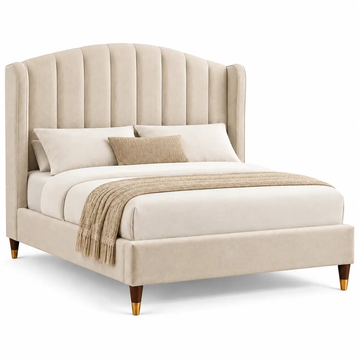 Estructura de cama con cabecero de contorno redondeado, beige y marrón